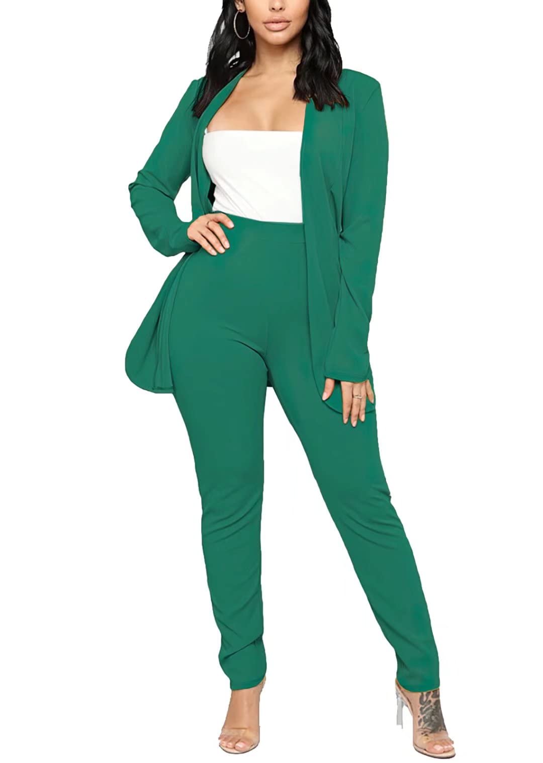 Aro Lora Women's 2 Piece Outfit Casual Solid Open Front Blazer and Pencil Pant Suits Set