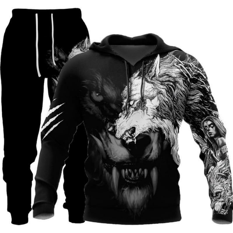 prigridche Wolf & Lion 3D Printed Hoodie Pants Suit Male Autumn Winter Casual Sweashirt Pullover Tracksuit Set