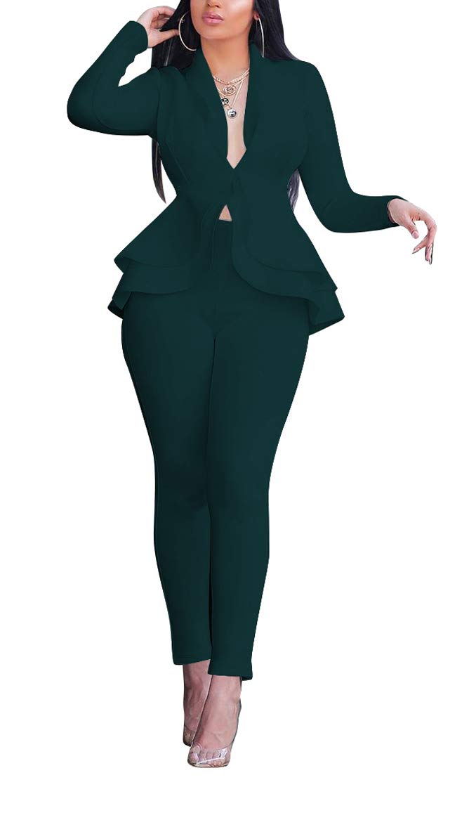 Aro Lora Women's 2 Piece Outfit Casual Solid Open Front Blazer and Pencil Pant Suits Set