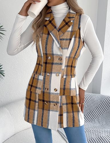 Kinghua Plaid Long Vest for Women Sleeveless Wool Coats Fall Winter Double Breasted Blazer Jackets Outwear