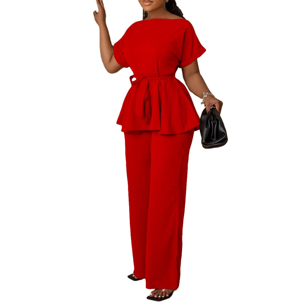 Women's 2 Piece Outfits Suit Set Short Sleeve Peplum Top Flared Pants Sets Business Pantsuits