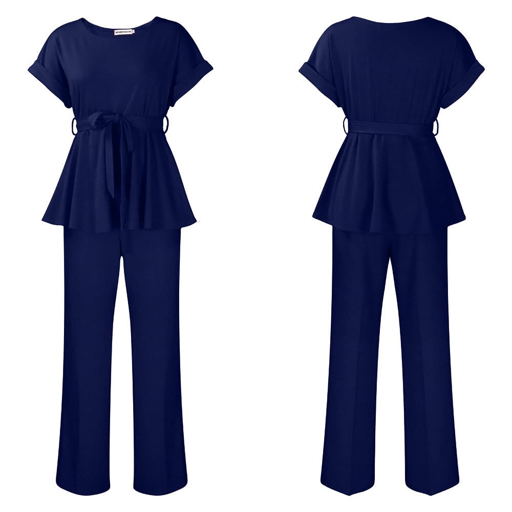 Women's 2 Piece Outfits Suit Set Short Sleeve Peplum Top Flared Pants Sets Business Pantsuits