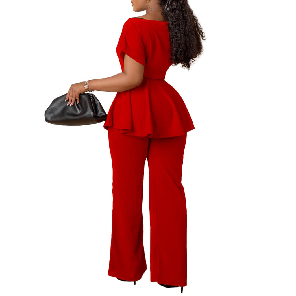 Women's 2 Piece Outfits Suit Set Short Sleeve Peplum Top Flared Pants Sets Business Pantsuits