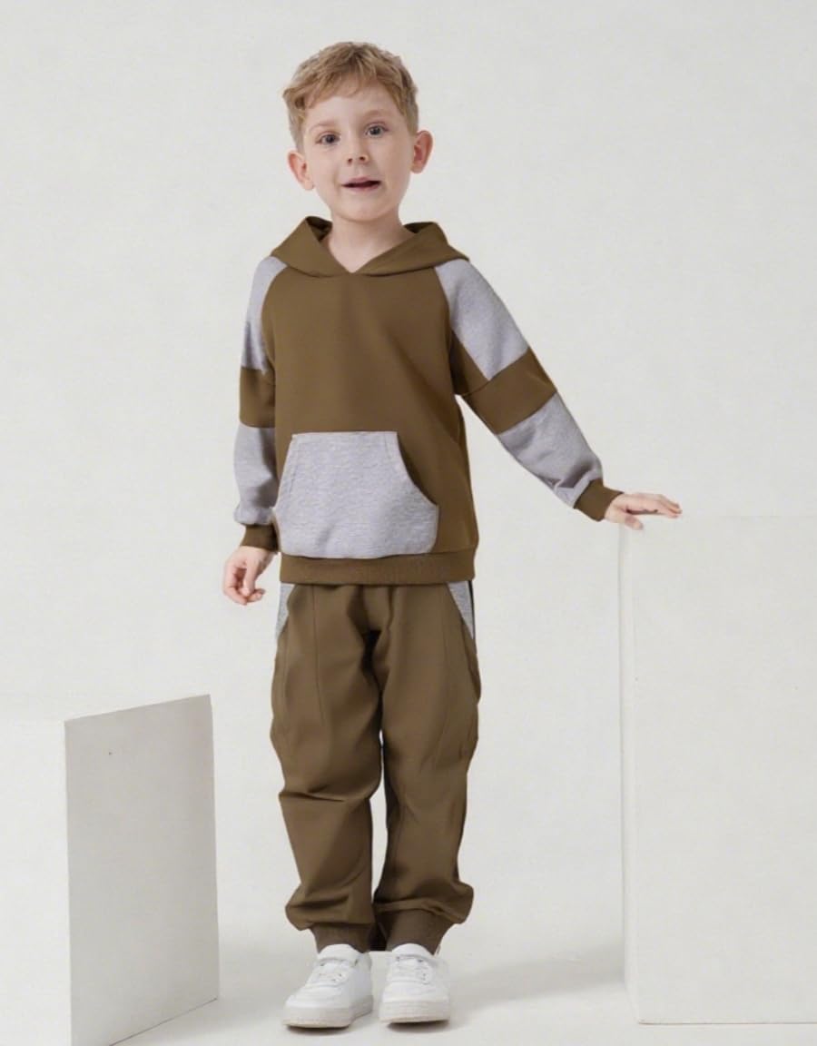 5-11Y Boys Clothes Long Sleeve Hooded Pullover Colorblock Sweatshirt + Pants 2pcs Fall Winter Outfit Set