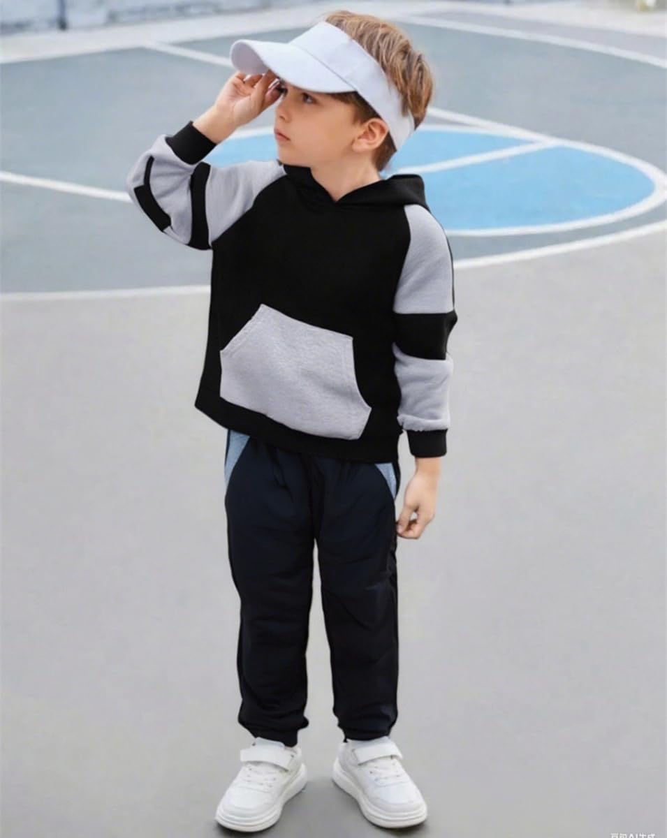 5-11Y Boys Clothes Long Sleeve Hooded Pullover Colorblock Sweatshirt + Pants 2pcs Fall Winter Outfit Set