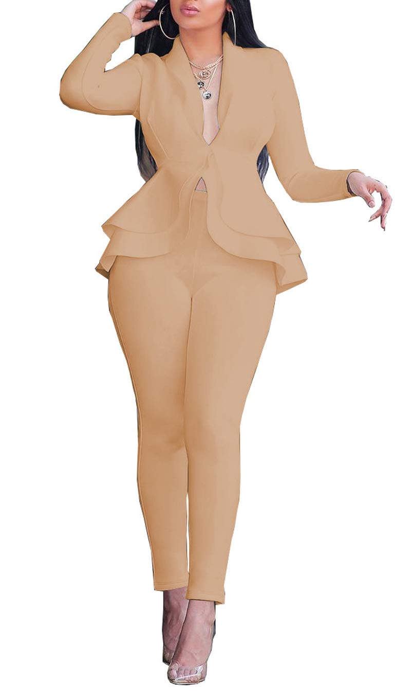 Aro Lora Women's 2 Piece Outfit Casual Solid Open Front Blazer and Pencil Pant Suits Set