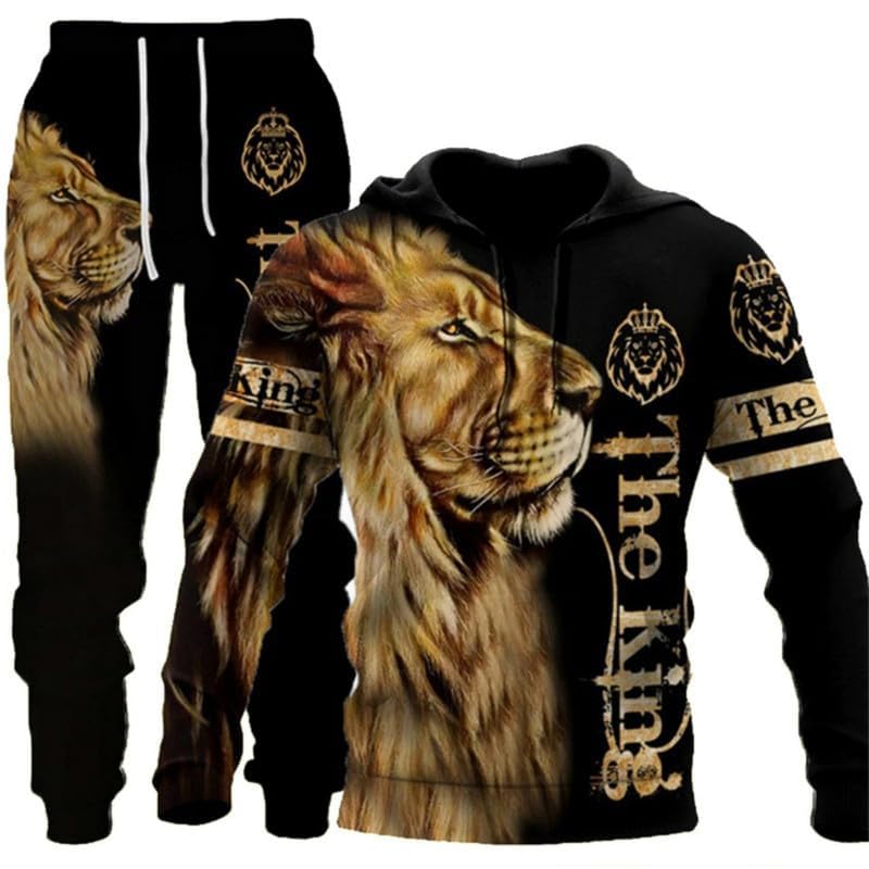 prigridche Wolf & Lion 3D Printed Hoodie Pants Suit Male Autumn Winter Casual Sweashirt Pullover Tracksuit Set