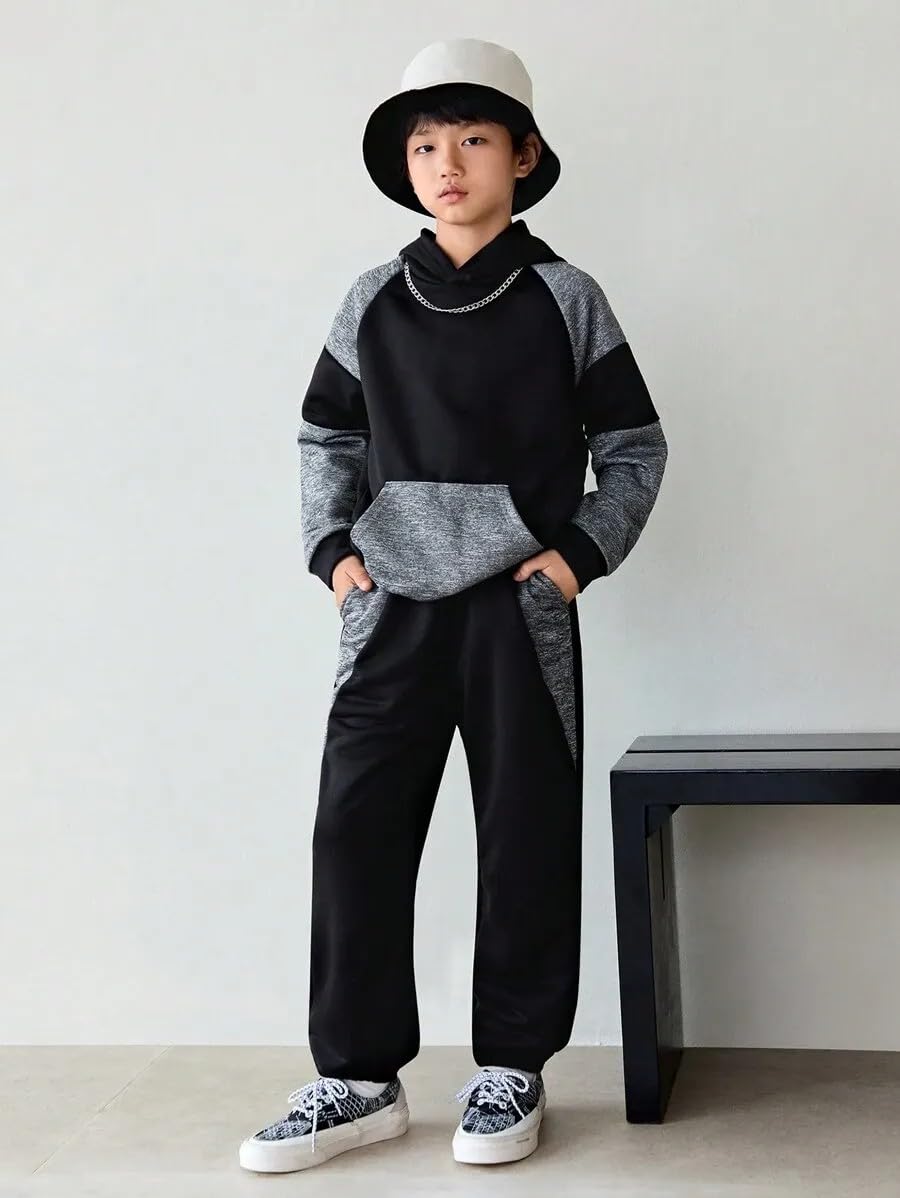 5-11Y Boys Clothes Long Sleeve Hooded Pullover Colorblock Sweatshirt + Pants 2pcs Fall Winter Outfit Set