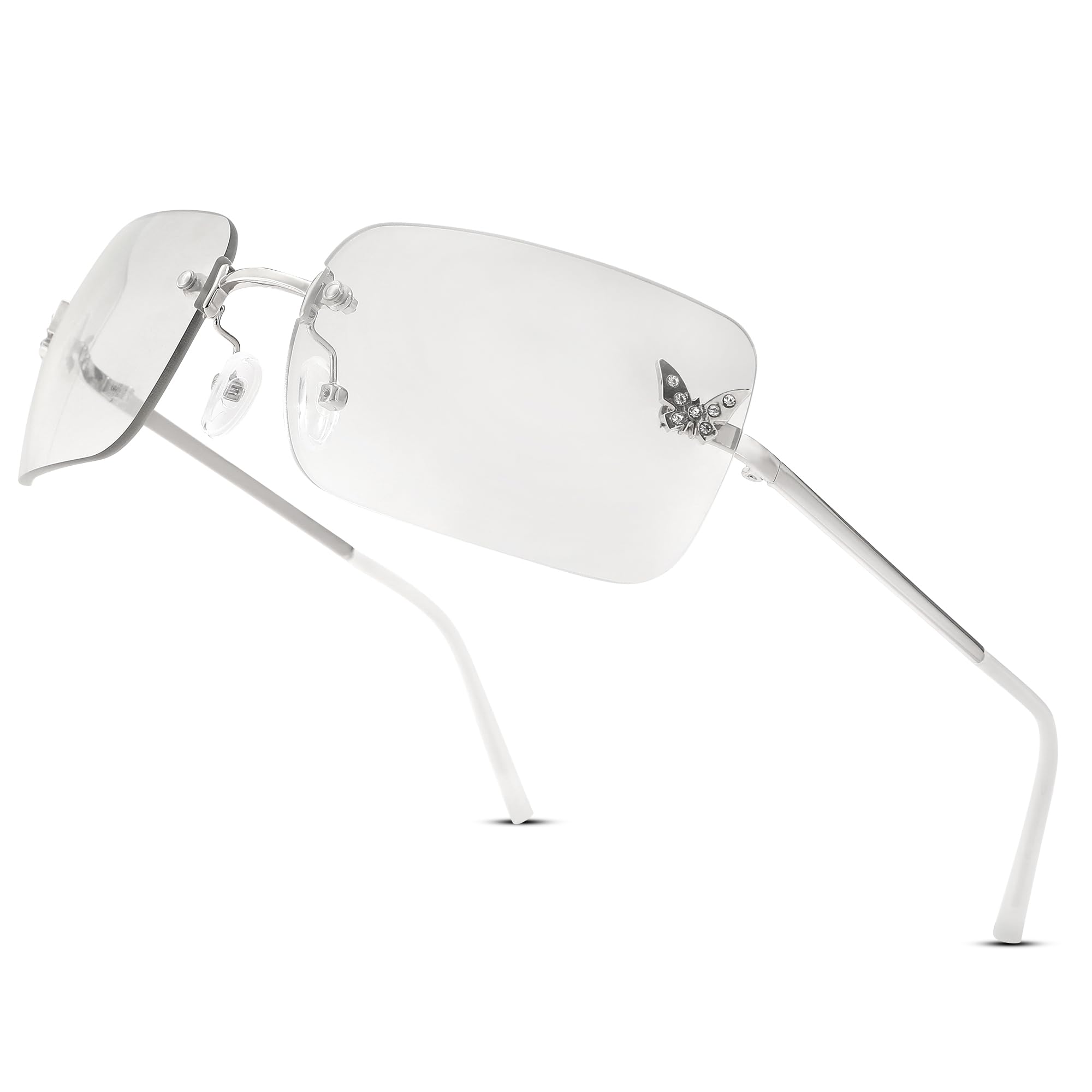 Rectangle Rimless Sunglasses for Women Retro Trendy Square Sun Glasses Vintage Shades