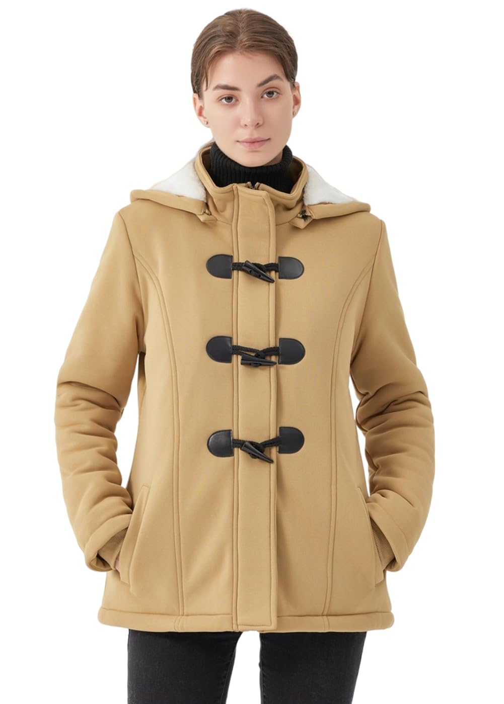 JiangWu Womens Fashion Horn Button Fleece Thicken Coat with Hood Winter Warm Jacket