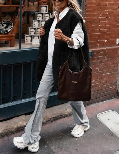 IDEALSANXUN Womens Oversized Fleece Vest Casual Sleeveless Sherpa Jackets