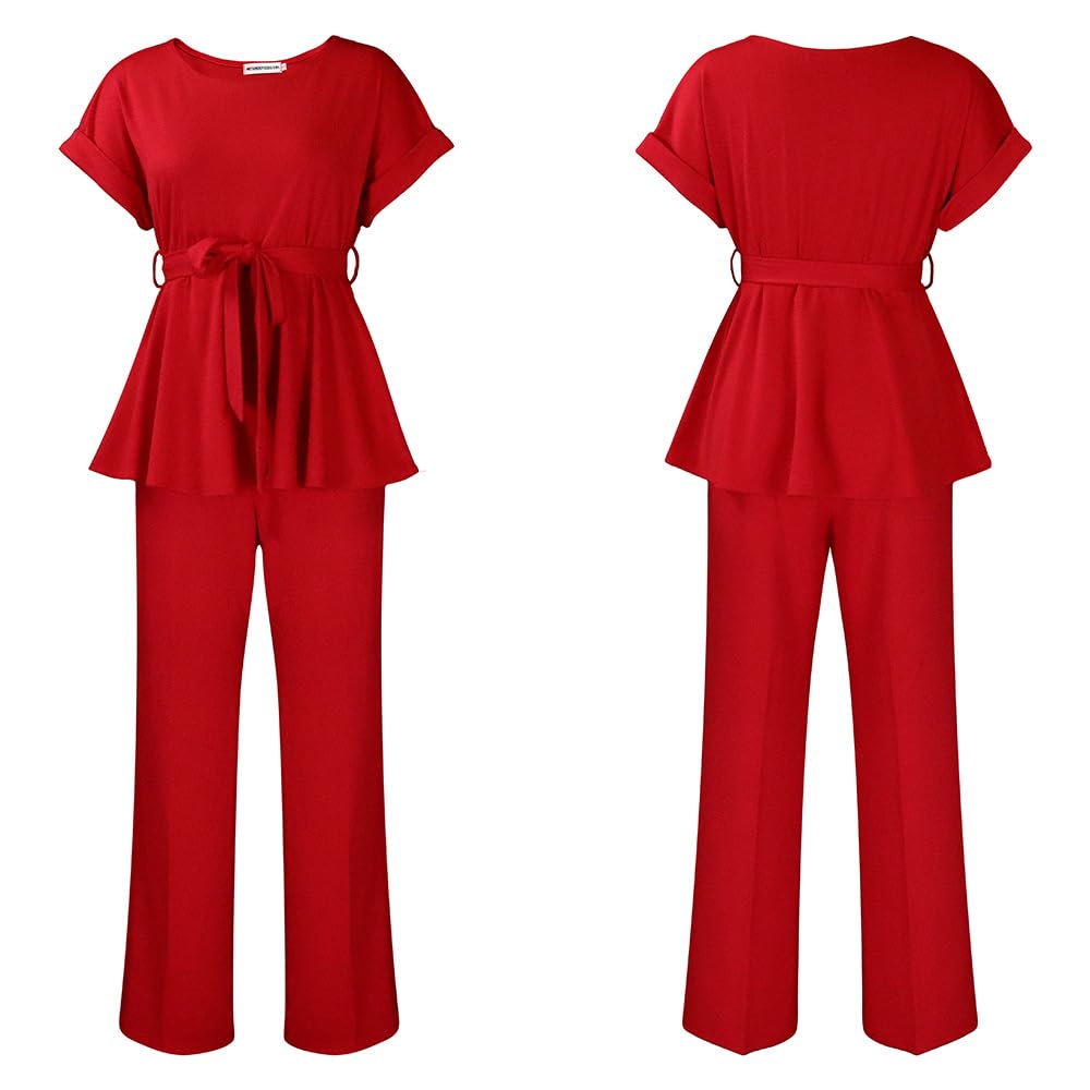 Women's 2 Piece Outfits Suit Set Short Sleeve Peplum Top Flared Pants Sets Business Pantsuits