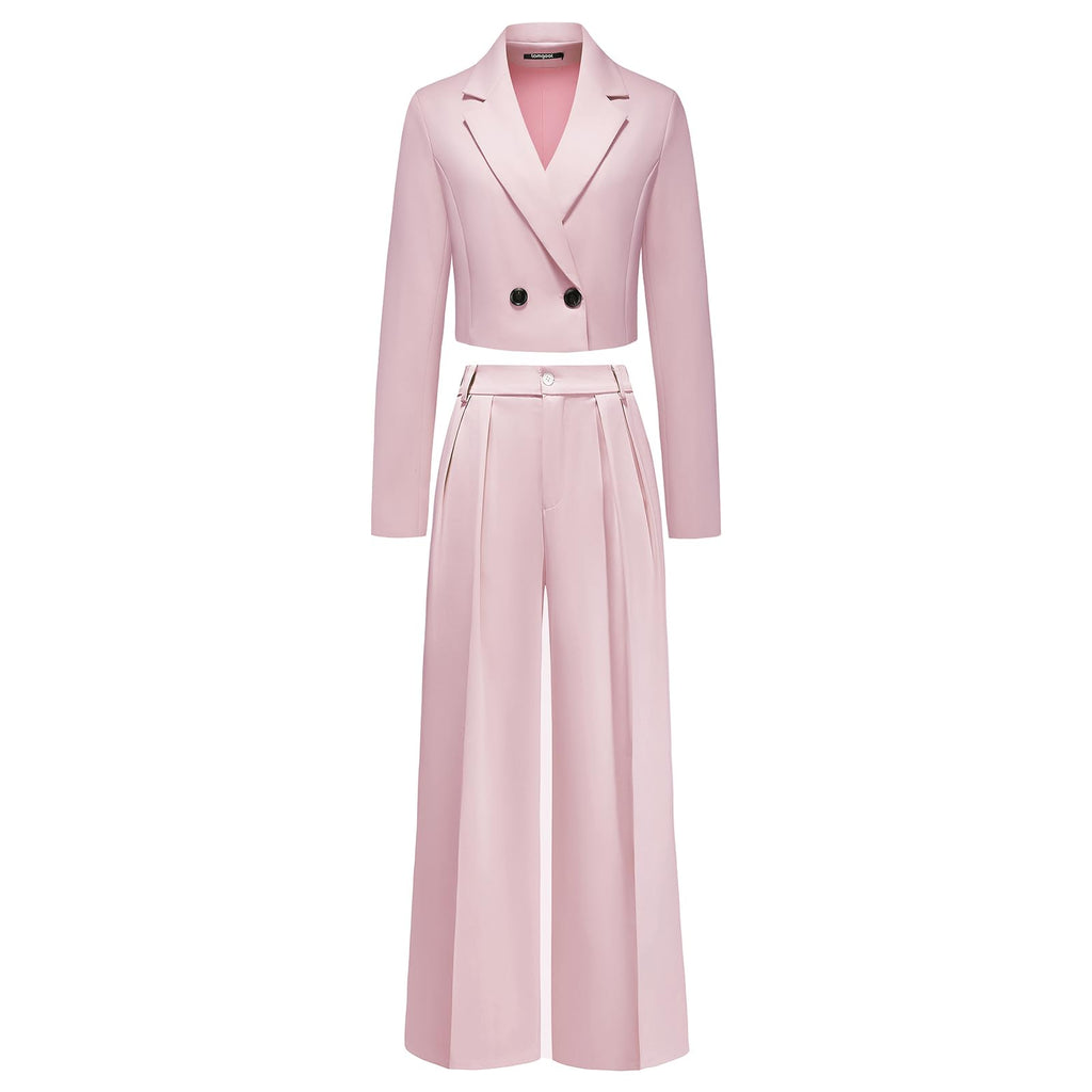 Lamgool Women's Suit 2 Piece Casual Outfits Cropped Blazer High Waisted Wide Leg Pants for Work