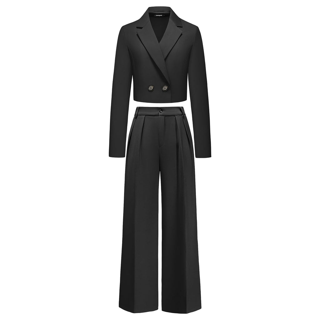 Lamgool Women's Suit 2 Piece Casual Outfits Cropped Blazer High Waisted Wide Leg Pants for Work