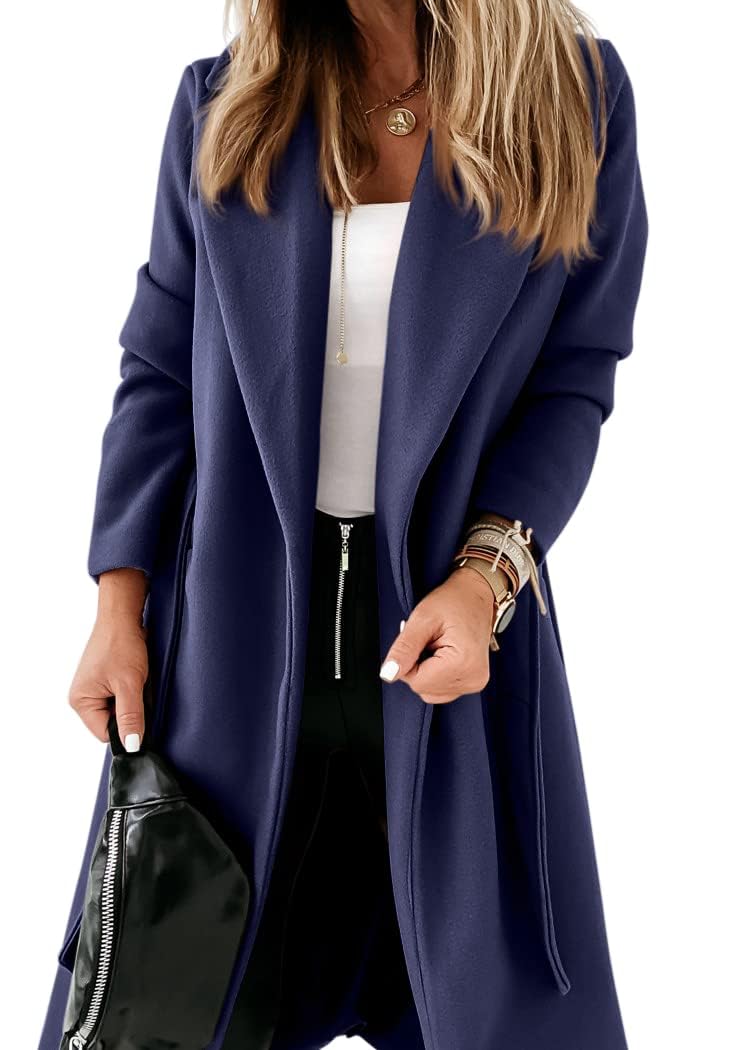Womens Classic Coat Lapel Collar Open Front Belted Long Jacket