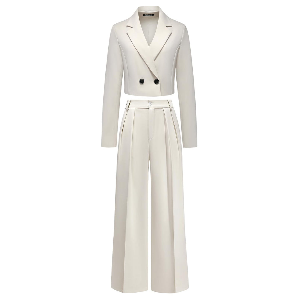 Lamgool Women's Suit 2 Piece Casual Outfits Cropped Blazer High Waisted Wide Leg Pants for Work