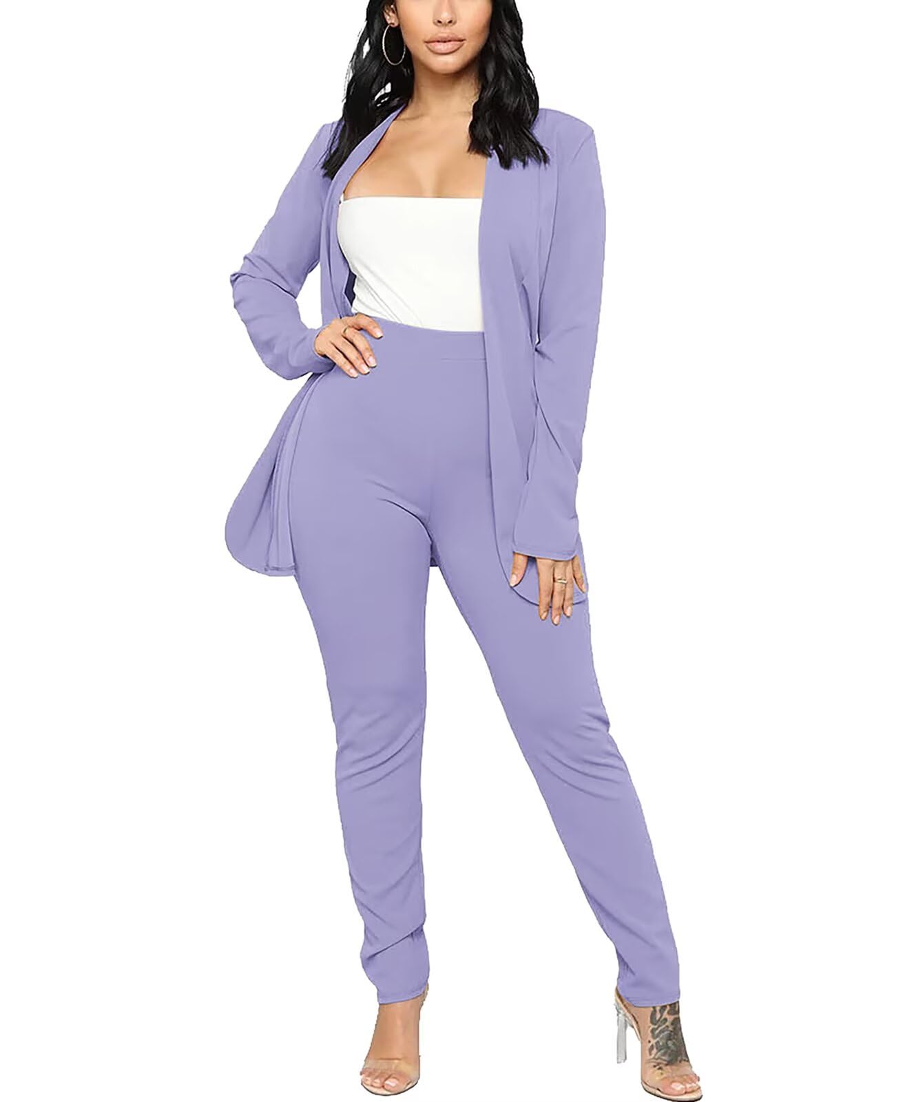 Aro Lora Women's 2 Piece Outfit Casual Solid Open Front Blazer and Pencil Pant Suits Set