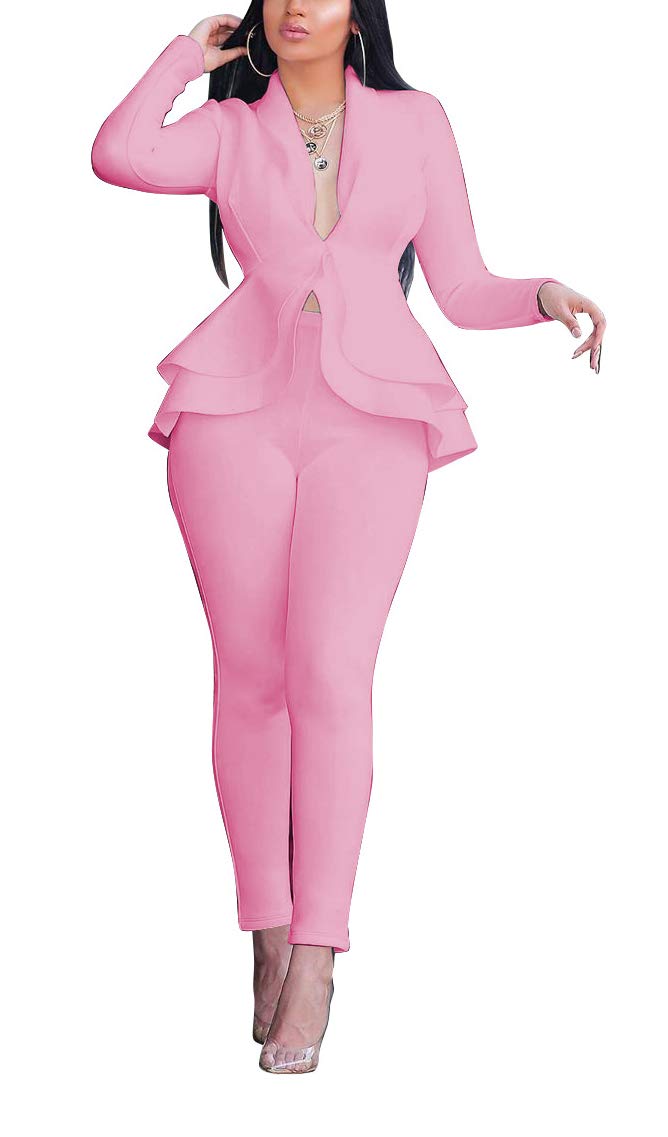 Aro Lora Women's 2 Piece Outfit Casual Solid Open Front Blazer and Pencil Pant Suits Set