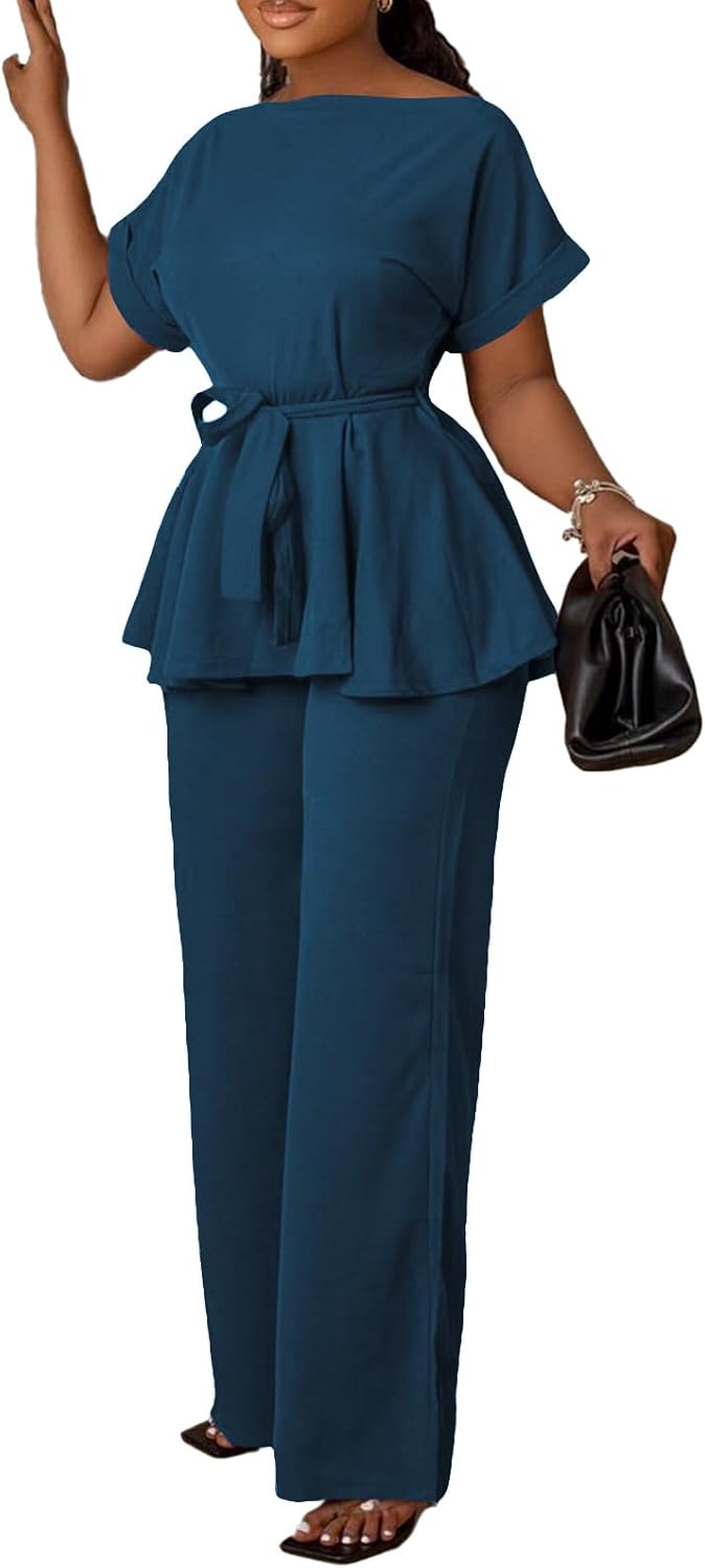Women's 2 Piece Outfits Suit Set Short Sleeve Peplum Top Flared Pants Sets Business Pantsuits