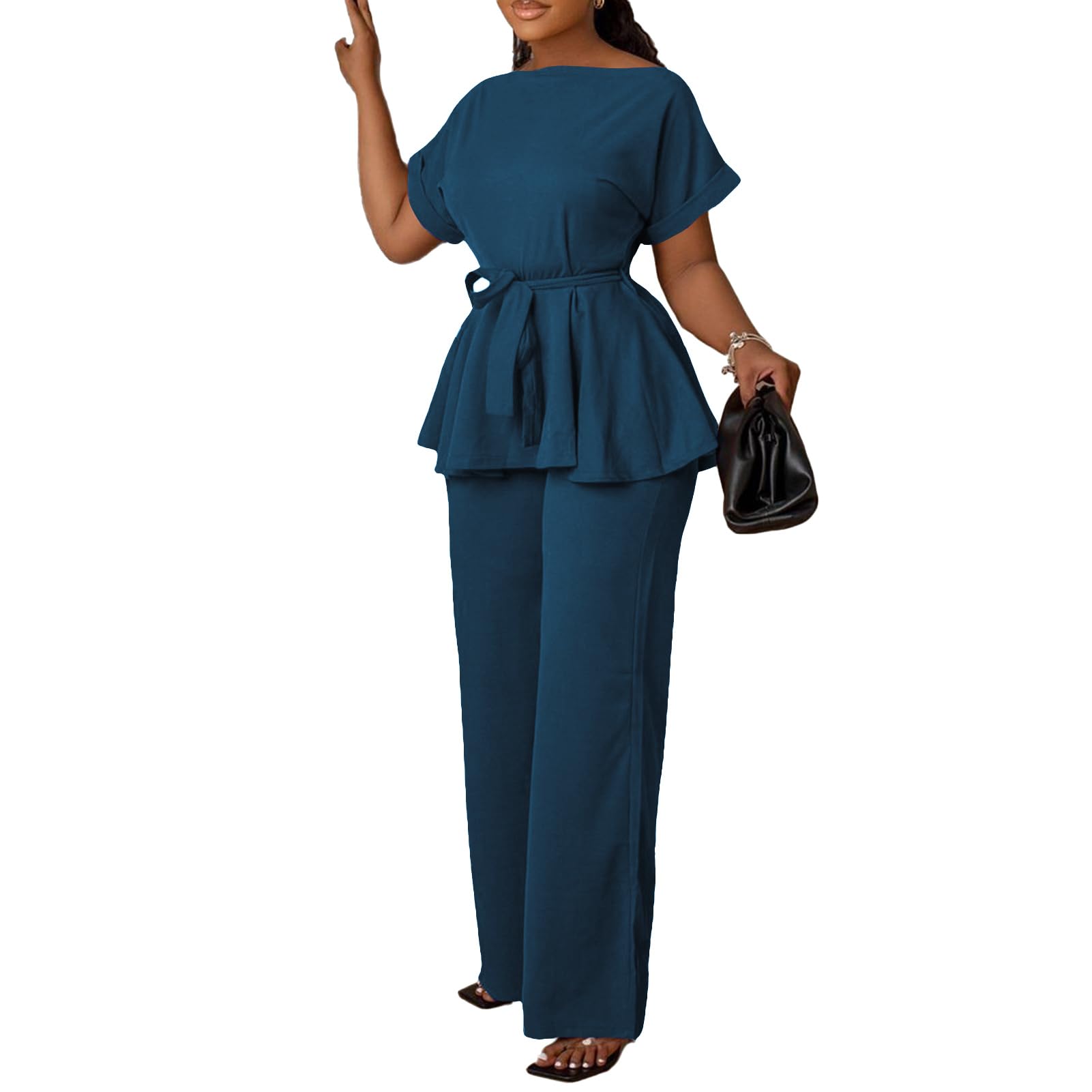 Women's 2 Piece Outfits Suit Set Short Sleeve Peplum Top Flared Pants Sets Business Pantsuits