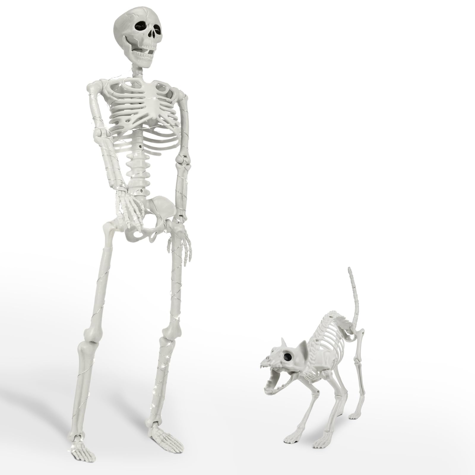 Lighted Human & Dog Skeleton Halloween Decorations Outdoor/Indoor - 36 Inch Realistic Full Body Movable Posable Skeleton Spooky Halloween Decor for Garden Yard Porch Indoor Party Haunted Graveyard