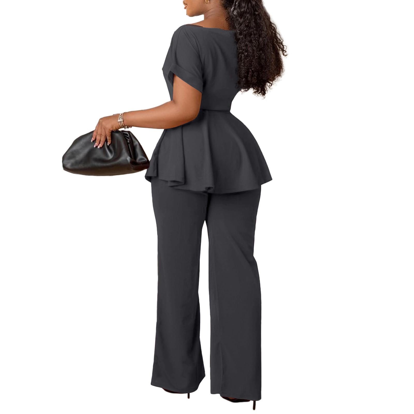 Women's 2 Piece Outfits Suit Set Short Sleeve Peplum Top Flared Pants Sets Business Pantsuits