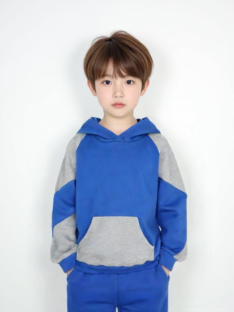 5-11Y Boys Clothes Long Sleeve Hooded Pullover Colorblock Sweatshirt + Pants 2pcs Fall Winter Outfit Set