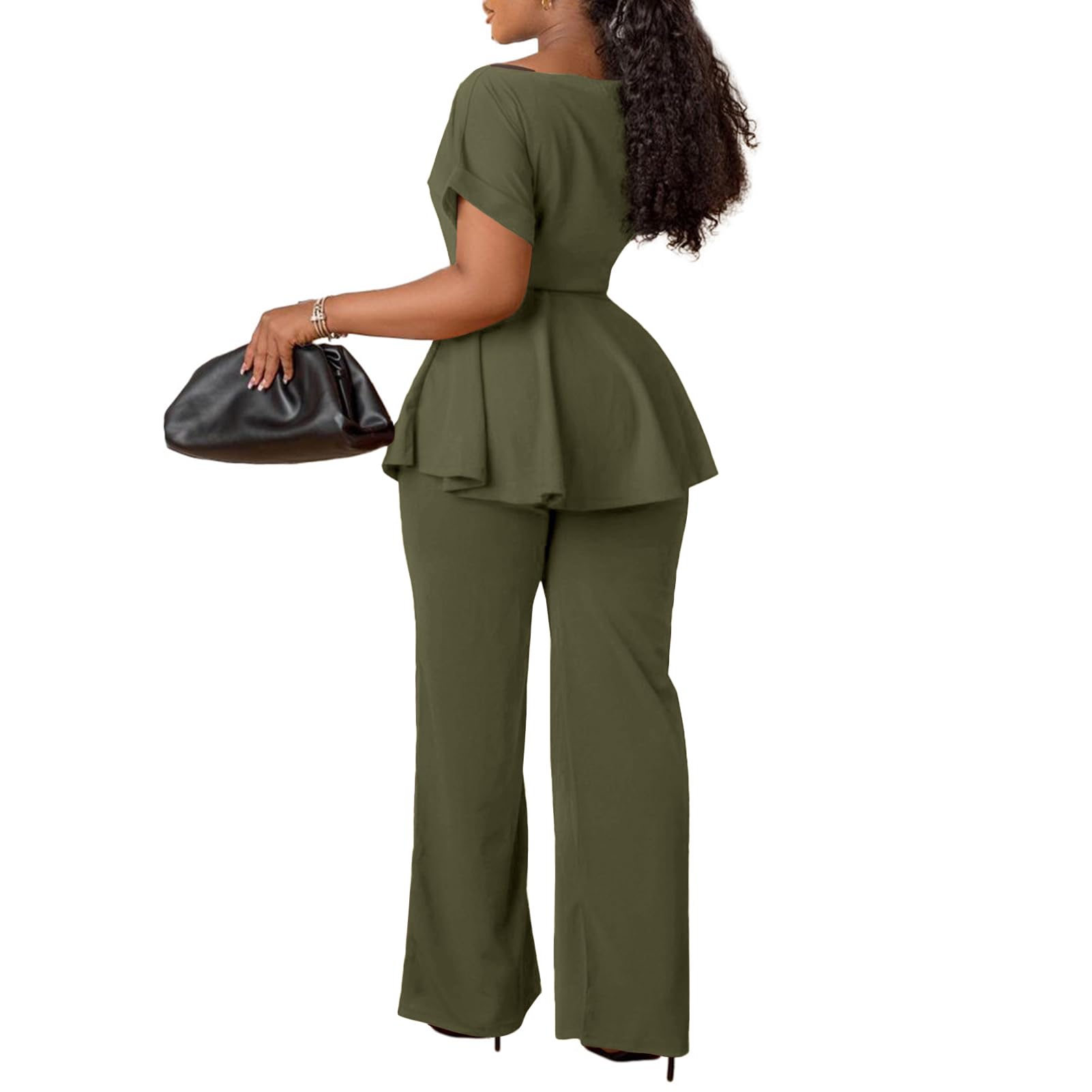 Women's 2 Piece Outfits Suit Set Short Sleeve Peplum Top Flared Pants Sets Business Pantsuits