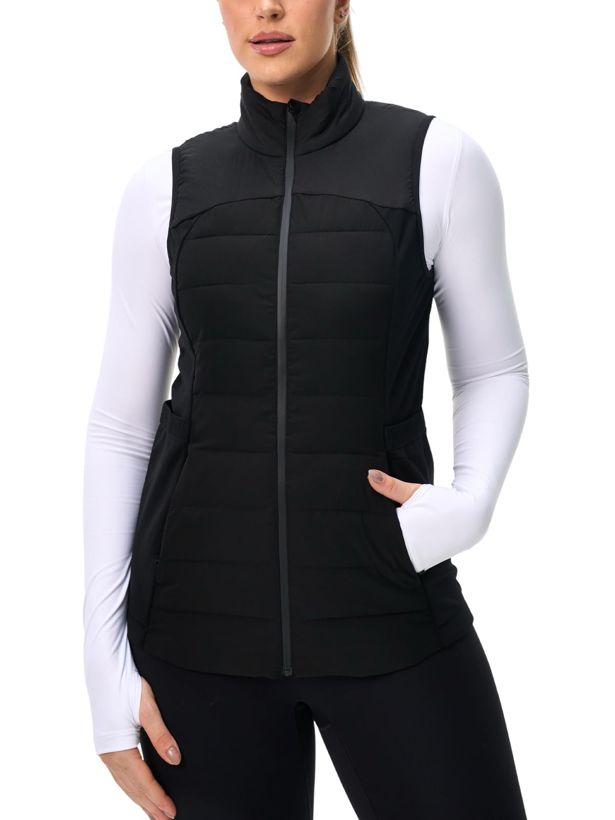 Women's Lightweight Warm Puffer Running Vest Winter Slim Fit Water Resistant Stretch Fleece Jacket Zippered Pockets