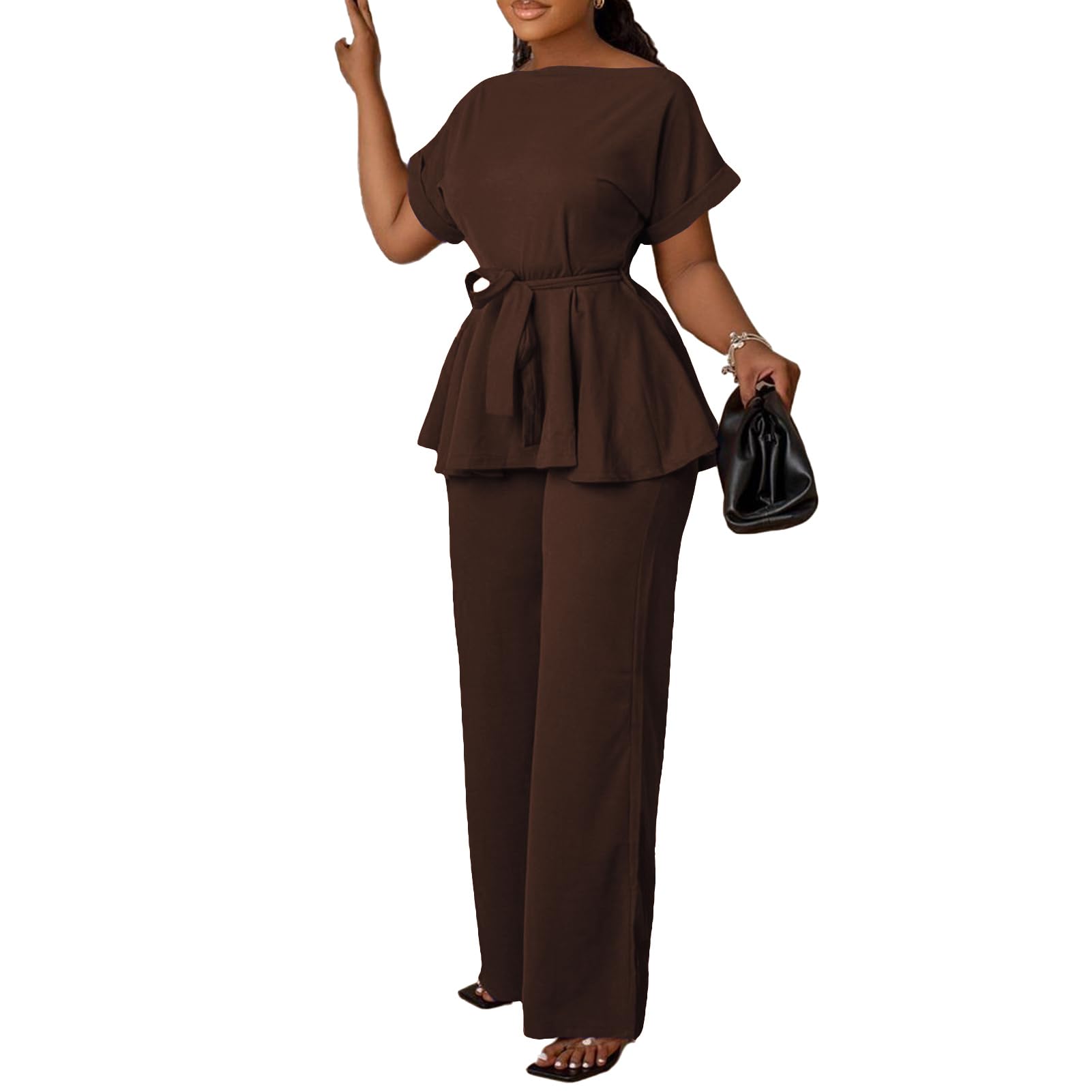 Women's 2 Piece Outfits Suit Set Short Sleeve Peplum Top Flared Pants Sets Business Pantsuits