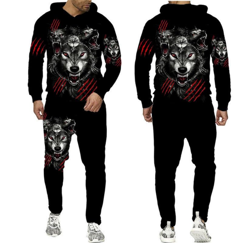 prigridche Wolf & Lion 3D Printed Hoodie Pants Suit Male Autumn Winter Casual Sweashirt Pullover Tracksuit Set
