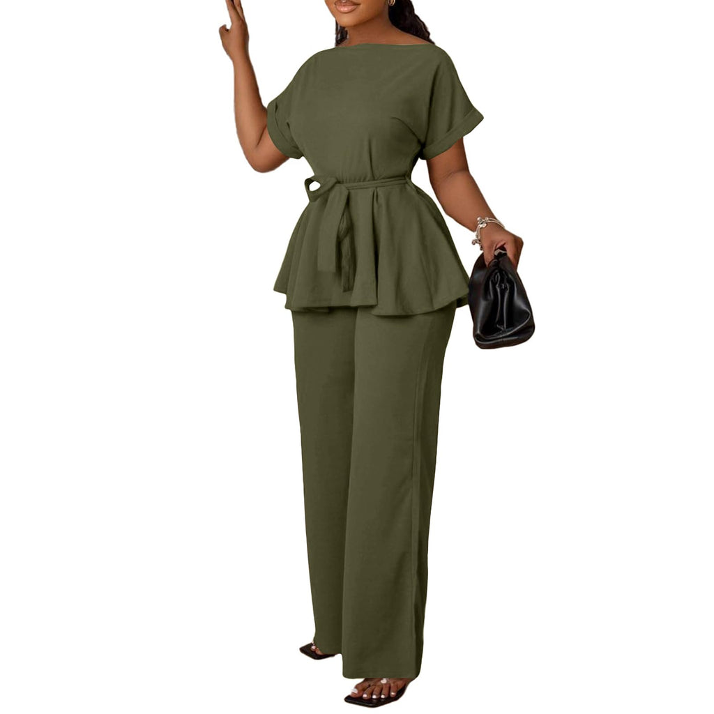 Women's 2 Piece Outfits Suit Set Short Sleeve Peplum Top Flared Pants Sets Business Pantsuits