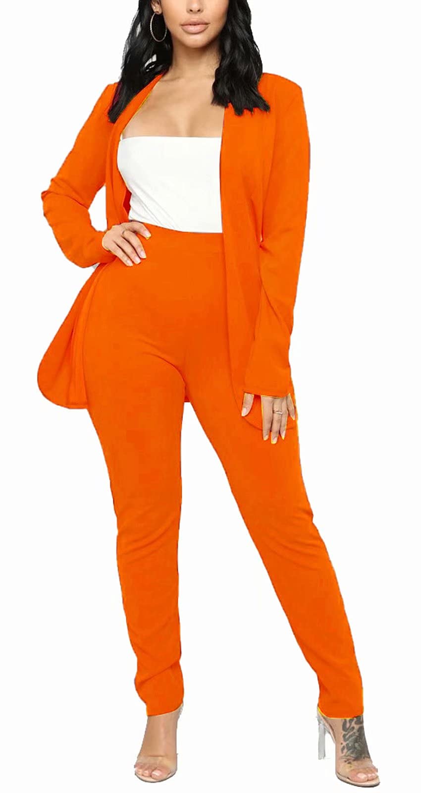 Aro Lora Women's 2 Piece Outfit Casual Solid Open Front Blazer and Pencil Pant Suits Set