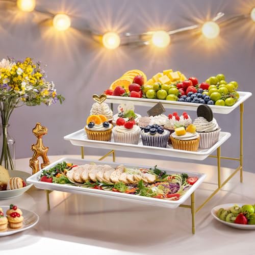 Lifewit 3 Tier Serving Tray for Party, 12" x 6.5" Plastic Tiered Food Serving Platters, White Rotatable Tiered Tray Stand with Gold Collapsible Metal Stand, Dessert Table Display Set for Buffet