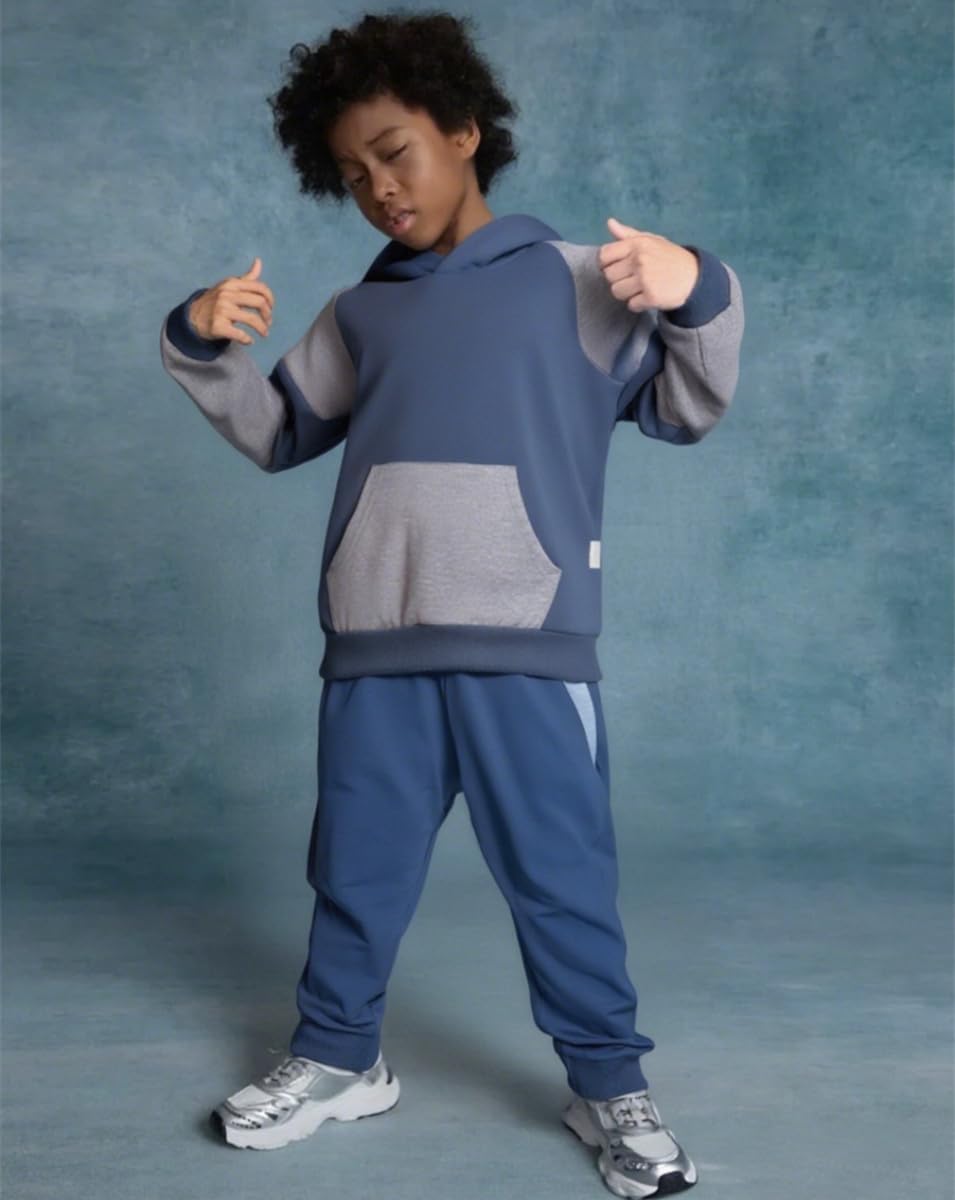 5-11Y Boys Clothes Long Sleeve Hooded Pullover Colorblock Sweatshirt + Pants 2pcs Fall Winter Outfit Set