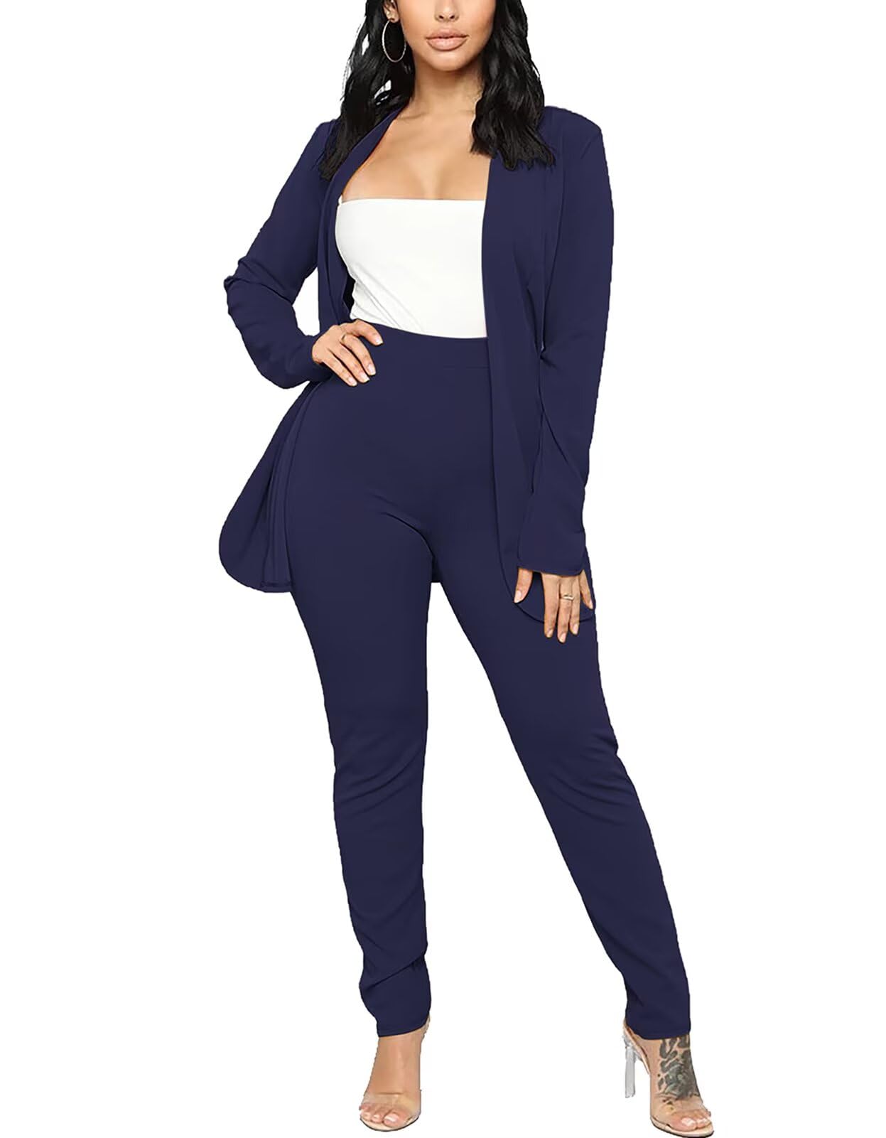Aro Lora Women's 2 Piece Outfit Casual Solid Open Front Blazer and Pencil Pant Suits Set