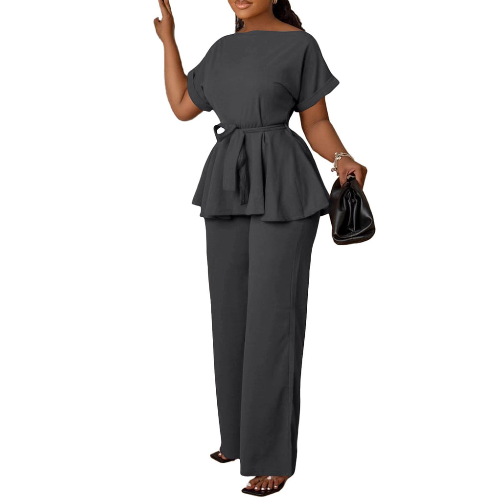 Women's 2 Piece Outfits Suit Set Short Sleeve Peplum Top Flared Pants Sets Business Pantsuits