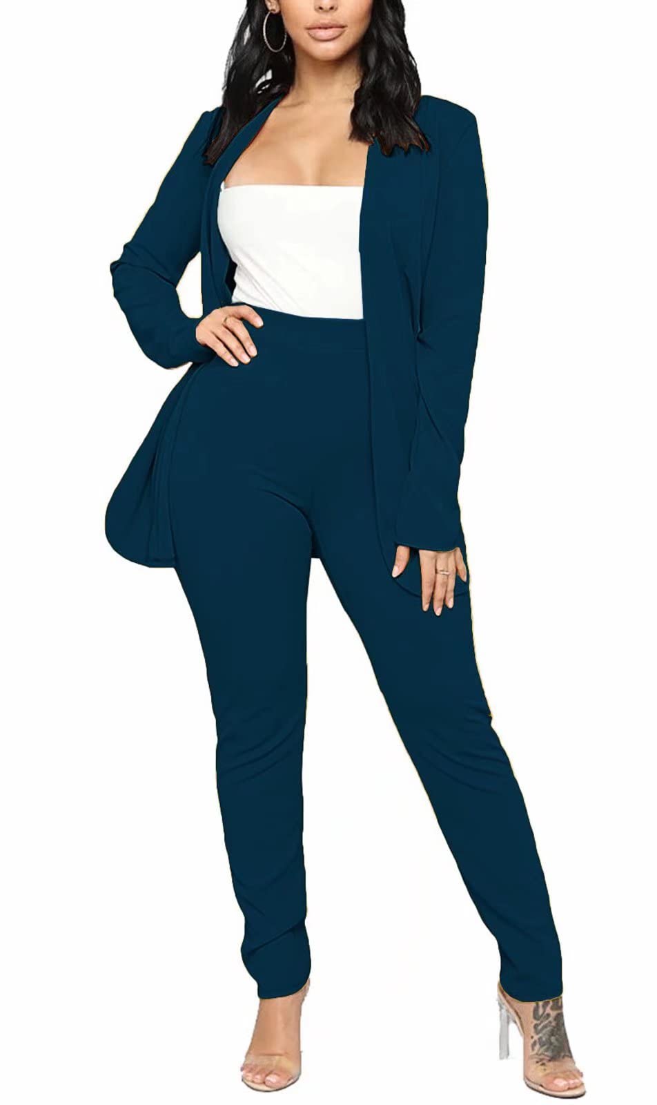 Aro Lora Women's 2 Piece Outfit Casual Solid Open Front Blazer and Pencil Pant Suits Set