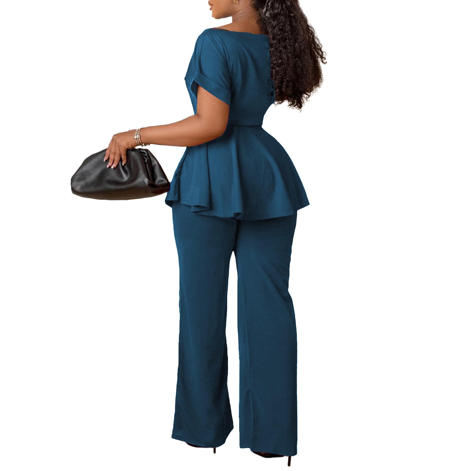 Women's 2 Piece Outfits Suit Set Short Sleeve Peplum Top Flared Pants Sets Business Pantsuits
