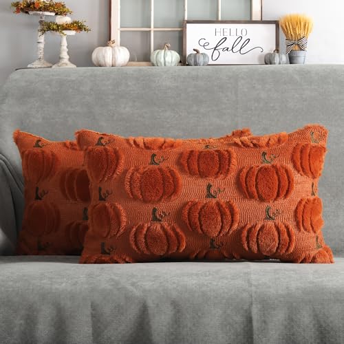 4TH Emotion Fall Pumpkins Decorative Pillow Covers 18x18 Set of 2, Beige Soft Plush Faux Fur Wool Farmhouse Throw Cushion Cases for Autumn Thanksgiving Holiday Home Decorations