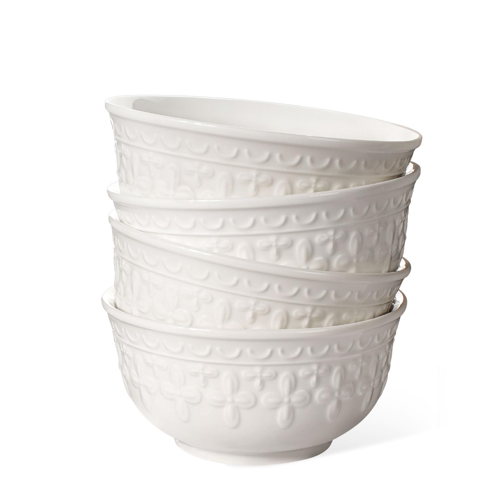 Large Salad Bowls Set of 4, 60oz White Serving Bowls Deep Deep Embossed Ceramic Mixing Bowl for Soup Kitchen, Eating, Ramen, Pasta, Dishwasher & Microwave Safe 8 inch (Multiple Patterns)