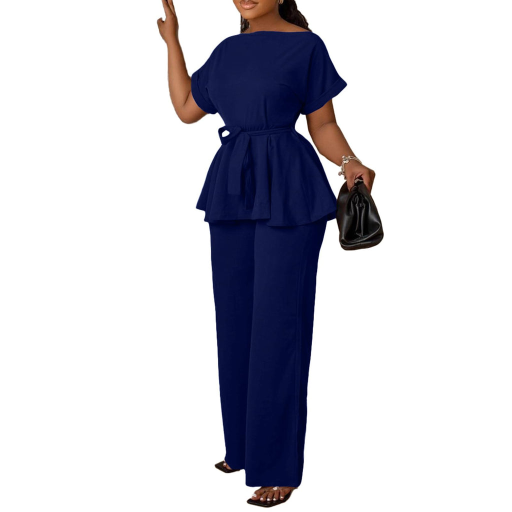 Women's 2 Piece Outfits Suit Set Short Sleeve Peplum Top Flared Pants Sets Business Pantsuits