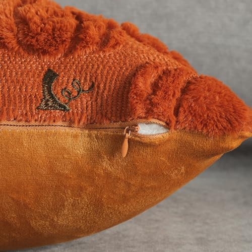 4TH Emotion Fall Pumpkins Decorative Pillow Covers 18x18 Set of 2, Beige Soft Plush Faux Fur Wool Farmhouse Throw Cushion Cases for Autumn Thanksgiving Holiday Home Decorations