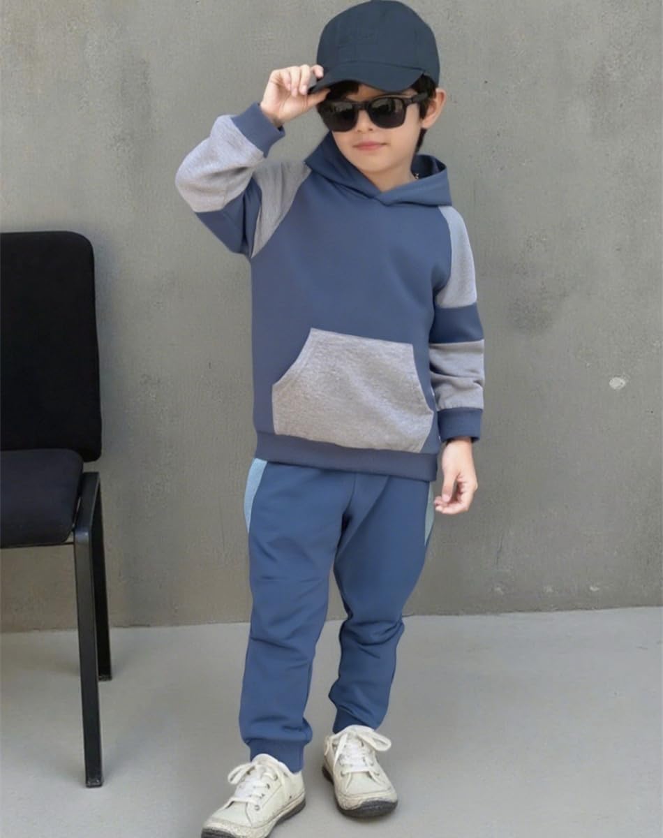 5-11Y Boys Clothes Long Sleeve Hooded Pullover Colorblock Sweatshirt + Pants 2pcs Fall Winter Outfit Set
