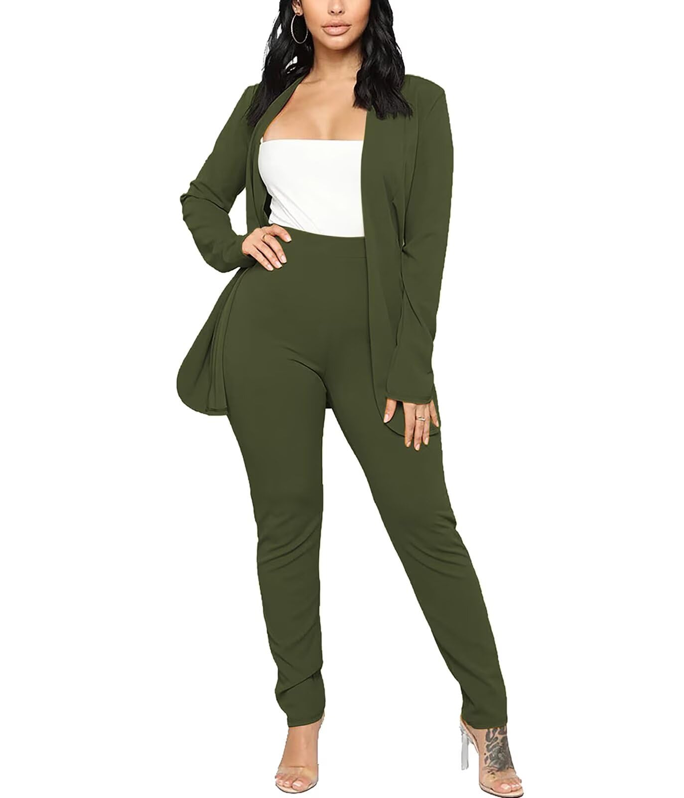 Aro Lora Women's 2 Piece Outfit Casual Solid Open Front Blazer and Pencil Pant Suits Set