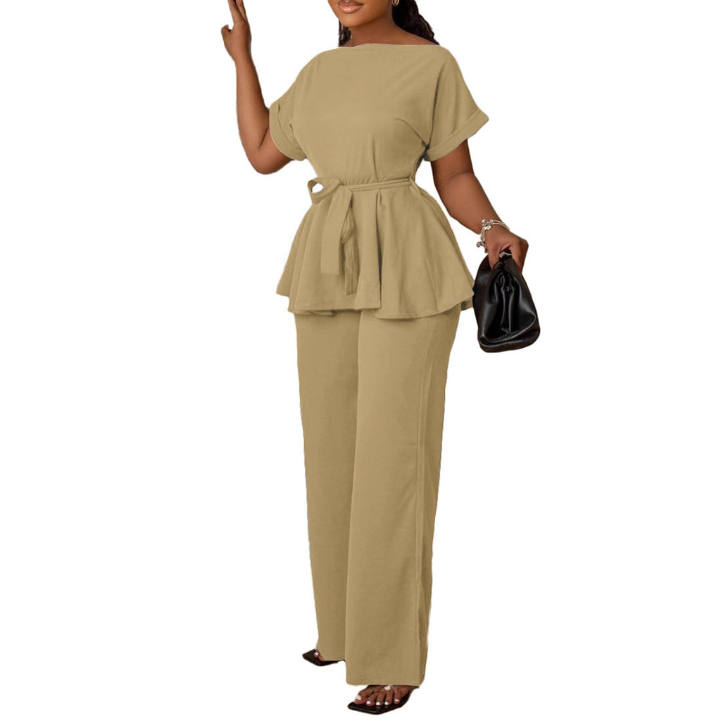 Women's 2 Piece Outfits Suit Set Short Sleeve Peplum Top Flared Pants Sets Business Pantsuits