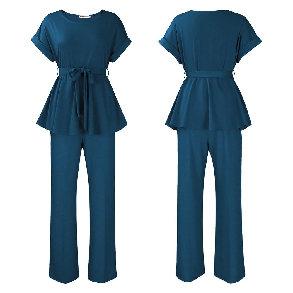 Women's 2 Piece Outfits Suit Set Short Sleeve Peplum Top Flared Pants Sets Business Pantsuits