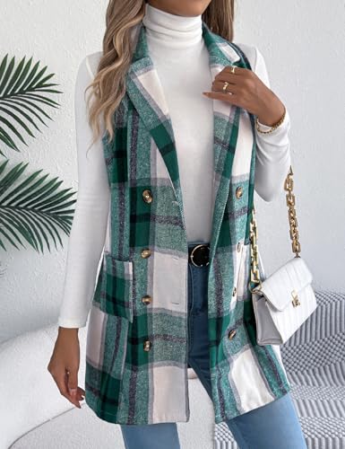 Kinghua Plaid Long Vest for Women Sleeveless Wool Coats Fall Winter Double Breasted Blazer Jackets Outwear