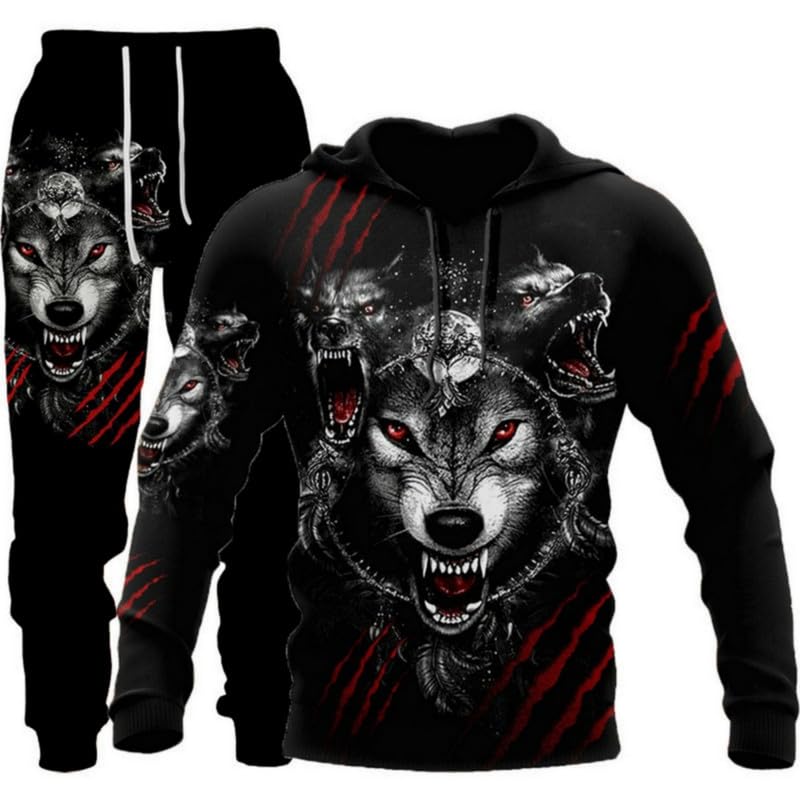 prigridche Wolf & Lion 3D Printed Hoodie Pants Suit Male Autumn Winter Casual Sweashirt Pullover Tracksuit Set