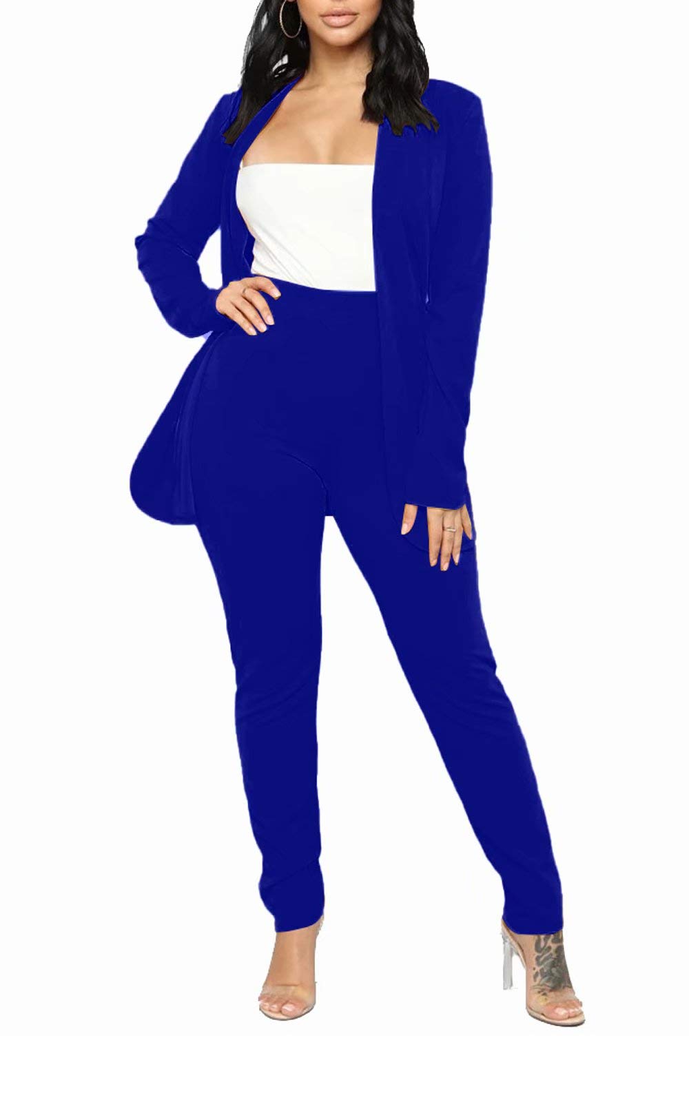 Aro Lora Women's 2 Piece Outfit Casual Solid Open Front Blazer and Pencil Pant Suits Set